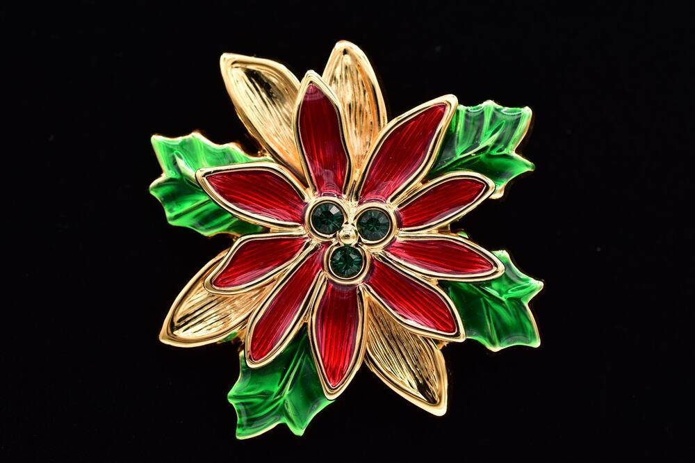 Best Vintage Christmas Poinsettia Pin Brooch Pendant Green Gold Red Signed BinBP